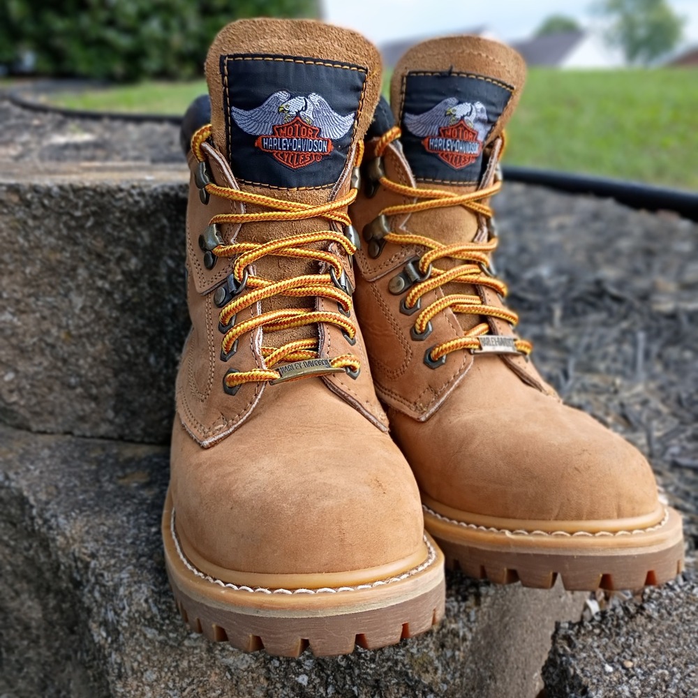 Harley-Davidson Womens Tan Leather Motorcycle Boots Size 6 Lug Sole Lace-Up
